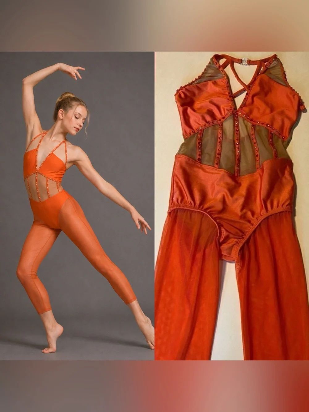 LA Dance Contemporary Costume LC Coral Orange Rhinestone illusion Unitard Solo
